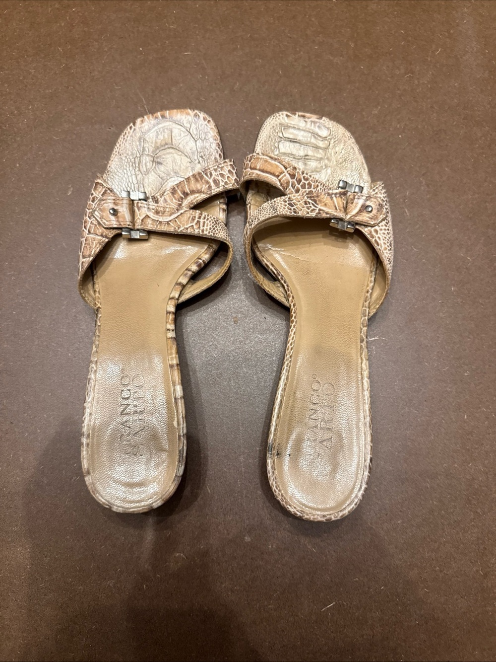 Franco Sarto Tan Croc-Embossed Slide Mules with Buckle Accent